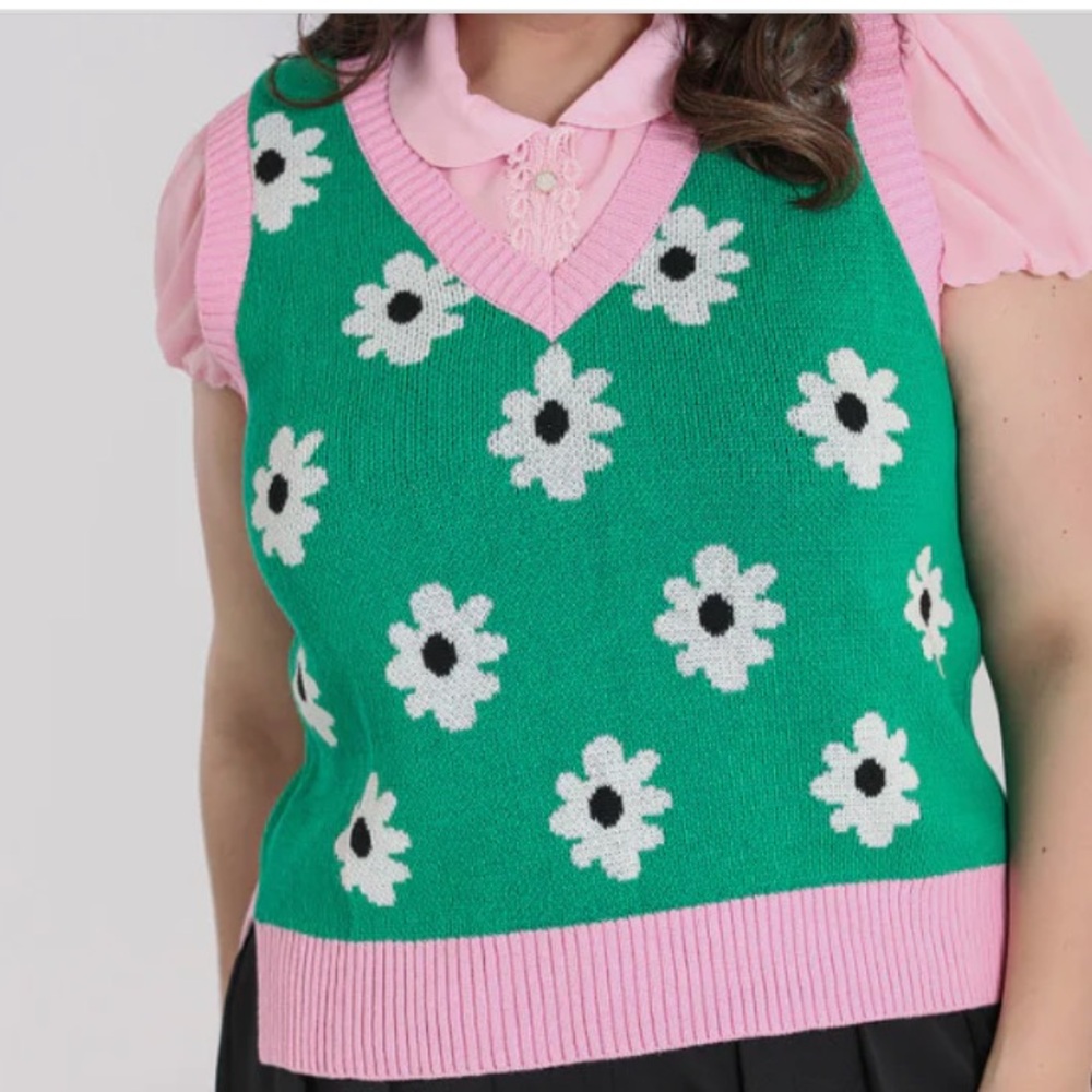 Hell Bunny Kitsch Pink & Green Floral Knit V-Neck Sweater Vest Size Medium
